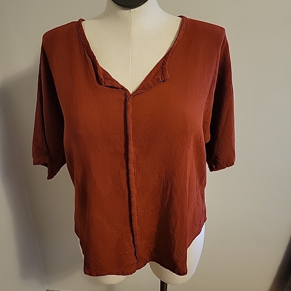 Oh My Gauze Cotton Popover Elbow Length Sleeves Burnt Orange Brown 2 L XL
